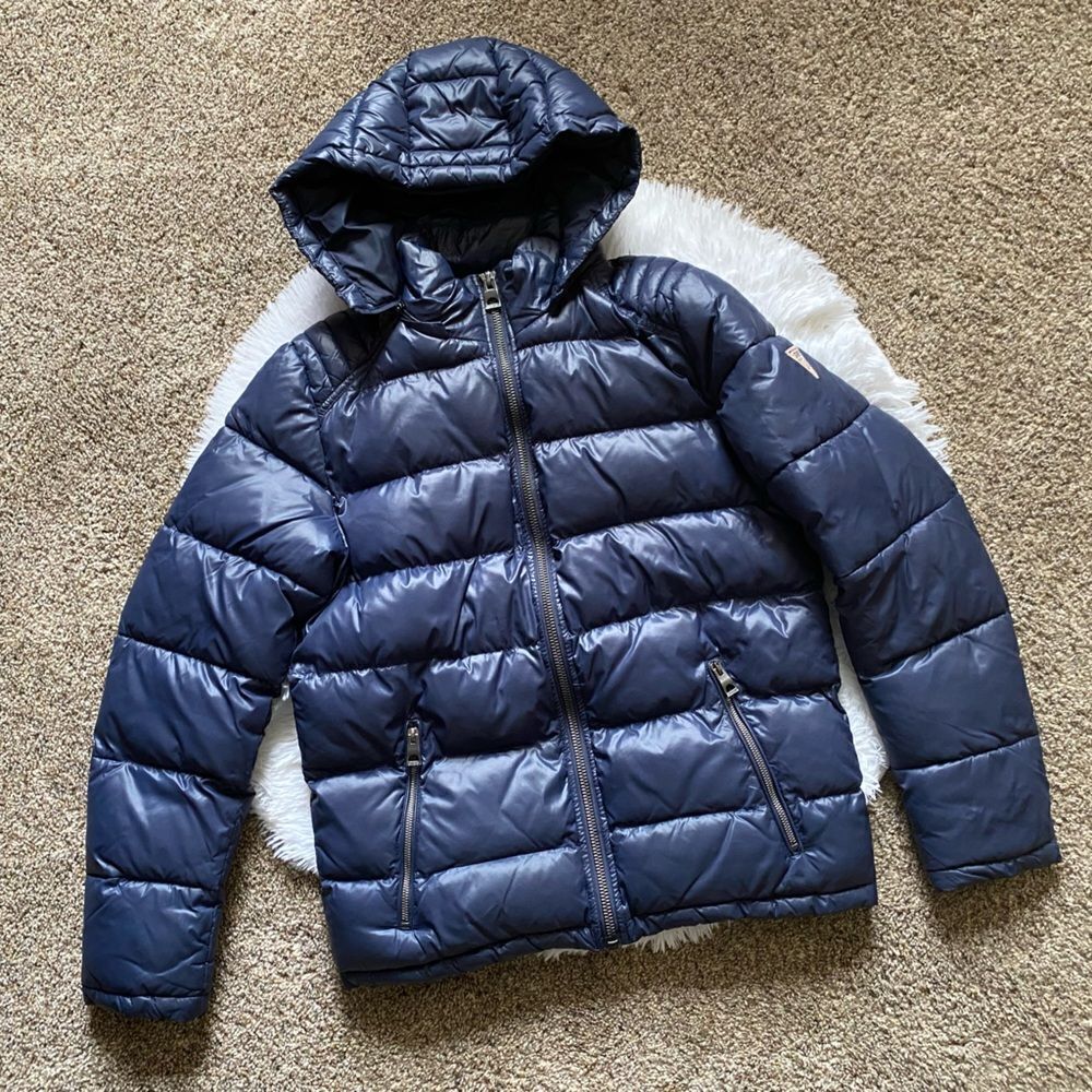 Guess Puffer Coat Bubble Puffy‎ Jacket Blue Outdoor Detachable Hood Womens Small